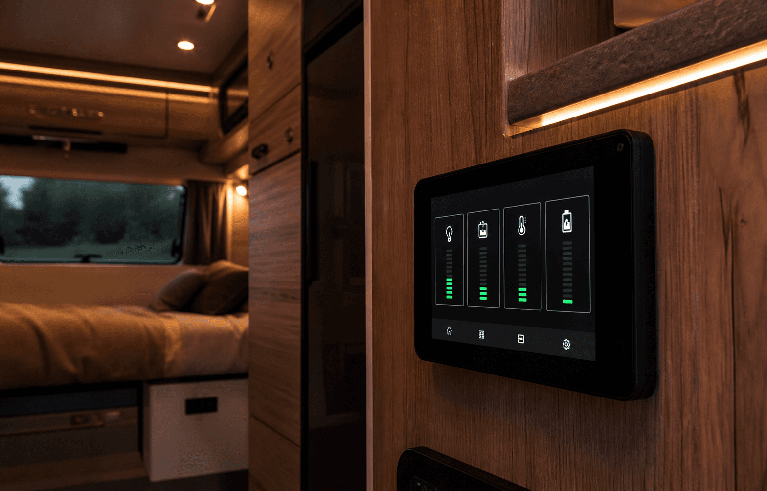 NomadIO touchscreen installed in a campervan cabin