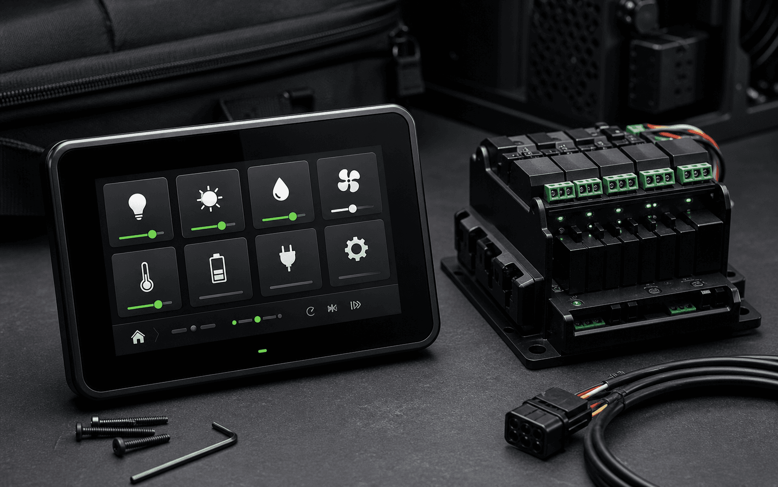 NomadIO hub and module hardware on a graphite workbench